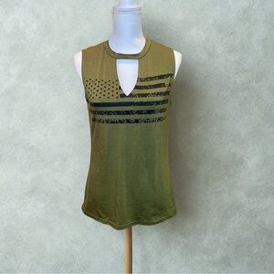 Olive Green Sleeveless Tee with Flag Design with Cutout Detail, American Pride